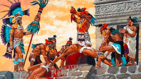 La vida en America antes de la llegada de Cortés, a través de los hallazgos sobre rituales prehispánicos, sacrificios humanos, cultos a los ídolos.